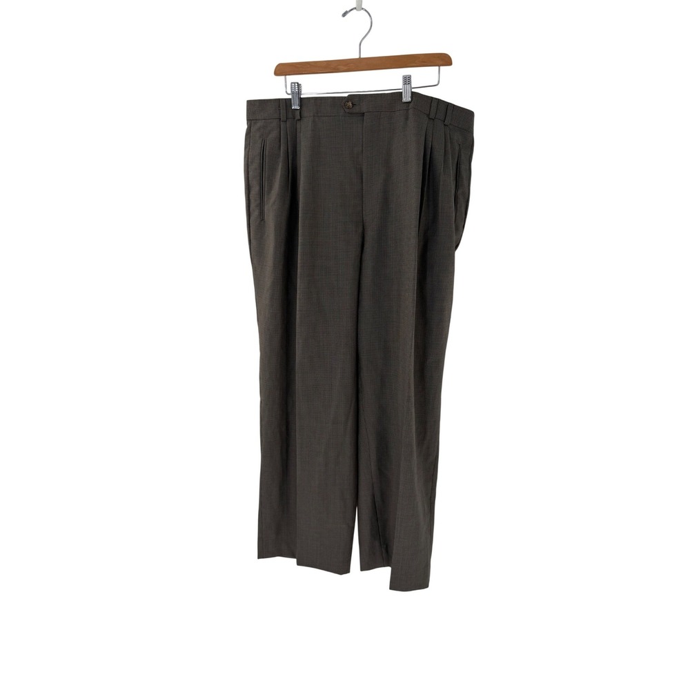 Bachrach Mens Brown Micro Check 100% Wool Pleated Dress Pants Made in Canada